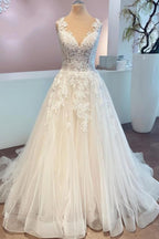 A Line Lace Wedding Dress Sleeveless Long Gown V Neck Chapel Train