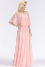 Vestidos de Damas de Honra cor-de-rosa compridos em linha A, com decote ombro a ombro e mangas