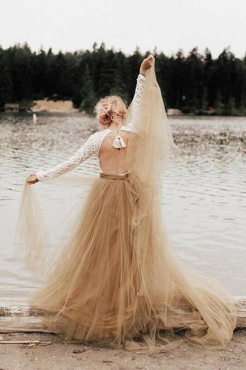 Abito da sposa principessa a linea A, maniche lunghe, senza schiena
