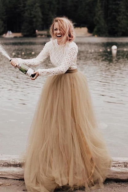 Vestido de novia estilo princesa, sin espalda, de manga larga y corte A