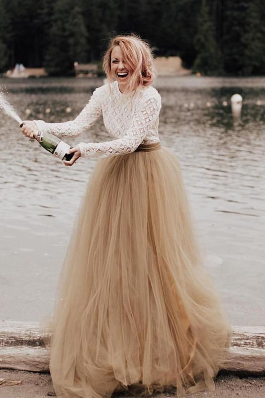 A-Linie Langarm Rückenfreies Prinzessinnenkleid Hochzeitskleid Brautkleid