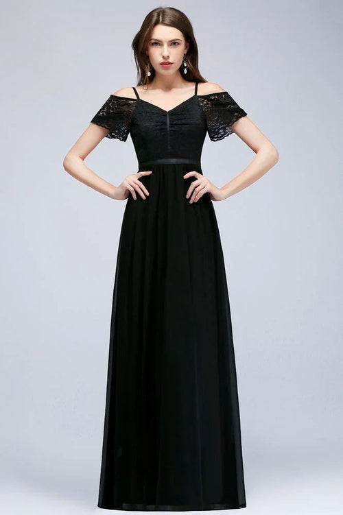 Abito da damigella lungo a linea ad A con spalline sottili, scollo a V, pizzo nero e chiffon