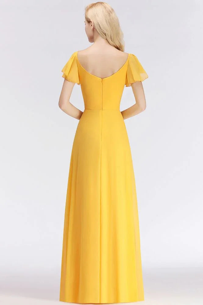 Abito da damigella d'onore giallo in chiffon, linea a, lungo, con scollo a V e maniche corte