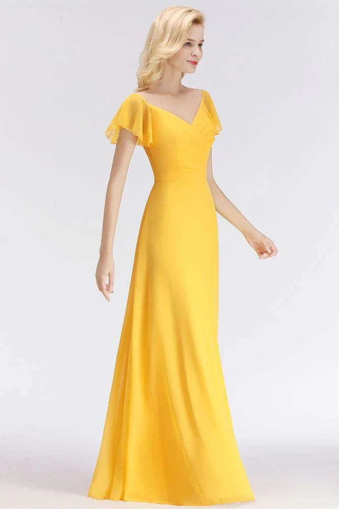 Abito da damigella d'onore giallo in chiffon, linea a, lungo, con scollo a V e maniche corte