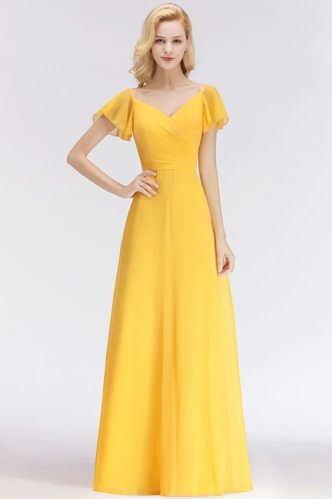 Abito da damigella d'onore giallo in chiffon, linea a, lungo, con scollo a V e maniche corte
