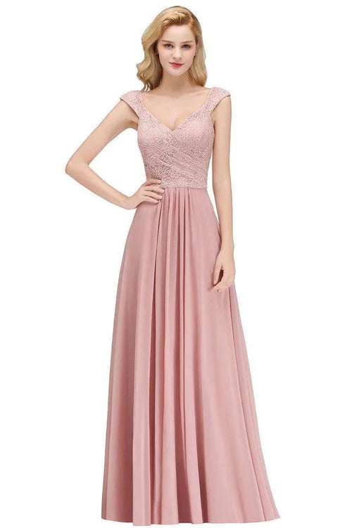Abito lungo a linea ad A con scollo a V senza maniche, elegante per feste, corpetto in pizzo, abito damigella in chiffon