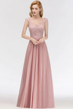 Robe de soirée formelle longue en ligne A, sans manches, col en V, haut en dentelle, jupe en mousseline, robe de demoiselle d'honneur