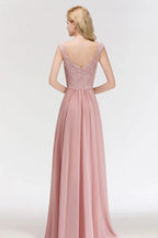 Robe de soirée formelle longue en ligne A, sans manches, col en V, haut en dentelle, jupe en mousseline, robe de demoiselle d'honneur