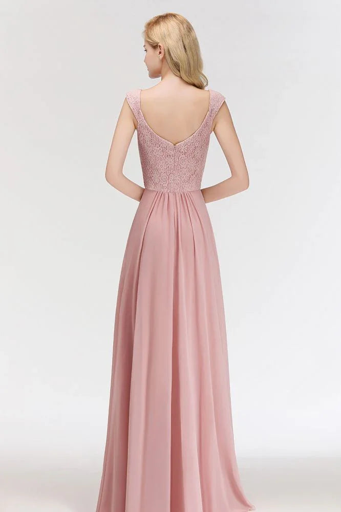 Abito lungo a linea ad A con scollo a V senza maniche, elegante per feste, corpetto in pizzo, abito damigella in chiffon