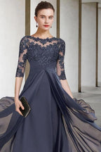 Robe mère de la mariée ligne A grande taille longueur cheville en mousseline avec dentelle et manches mi-longues