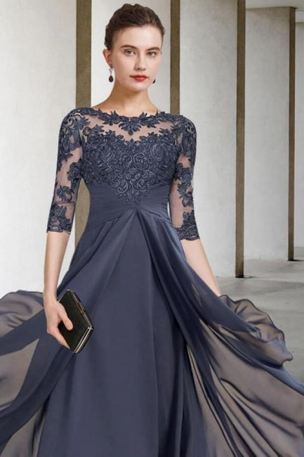 Robe mère de la mariée ligne A grande taille longueur cheville en mousseline avec dentelle et manches mi-longues