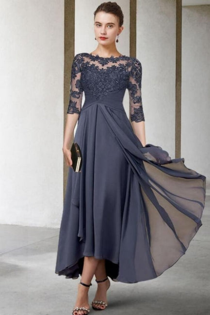 Robe mère de la mariée ligne A grande taille longueur cheville en mousseline avec dentelle et manches mi-longues