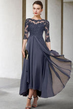 Robe mère de la mariée ligne A grande taille longueur cheville en mousseline avec dentelle et manches mi-longues