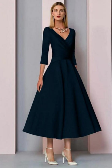 Robe mère de la mariée ligne A vintage grande taille longueur cheville satin manches trois quarts