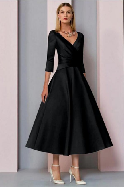 Robe mère de la mariée ligne A vintage grande taille longueur cheville satin manches trois quarts