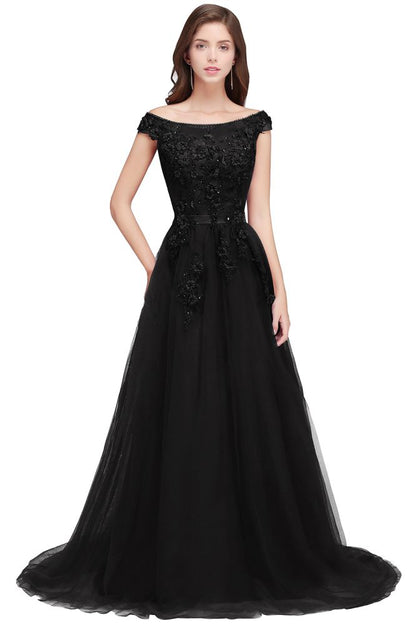 Vestidos de fiesta de tul con apliques y corte A, hombros descubiertos y largo hasta el suelo