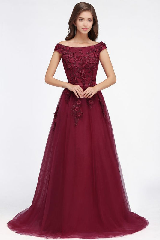 Vestidos de fiesta de tul con apliques y corte A, hombros descubiertos y largo hasta el suelo