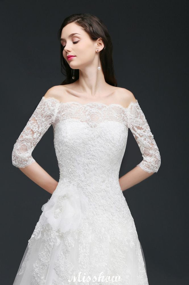 Abito da sposa in tulle con gonna a linea ad A, scollo a barca, strascico da cerimonia e bottoni