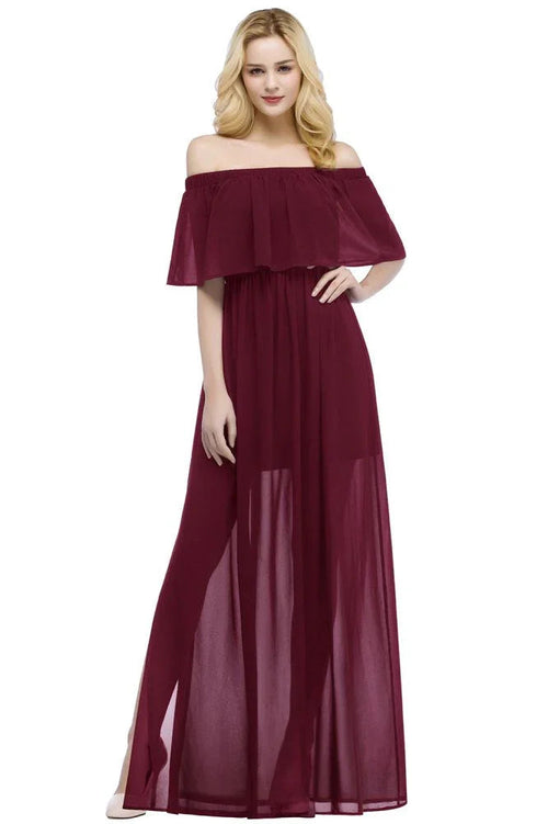 Abito da damigella d'onore nero in chiffon, linea a trapezio, lungo fino a terra, con scollo a barca