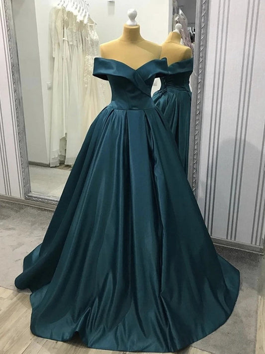 Vestidos de fiesta largos de satén con hombros descubiertos y corte A