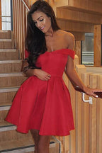 A-Line Off-the-Shoulder Pleated Red Satin Homecoming Dress