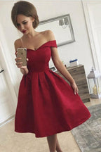 A-Line Off-the-Shoulder Pleated Red Satin Homecoming Dress