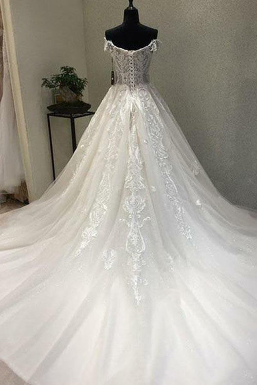 Abito da sposa a linea ad A con maniche corte scoperte e applicazioni