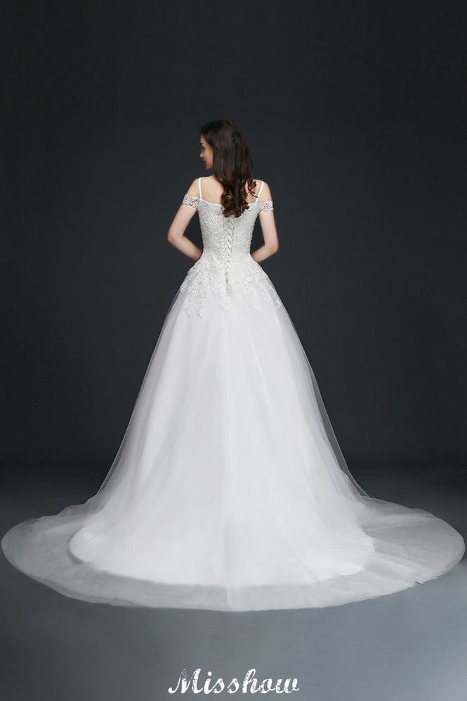 Abito da sposa elegante in tulle a linea ad A con scollo a barca e applicazioni