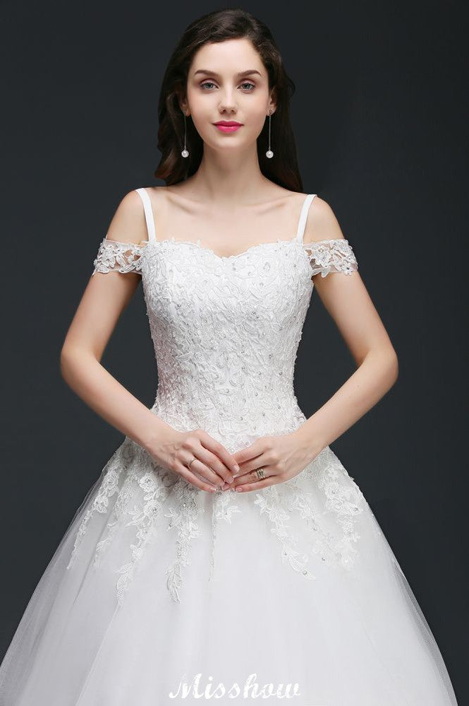 Abito da sposa elegante in tulle a linea ad A con scollo a barca e applicazioni