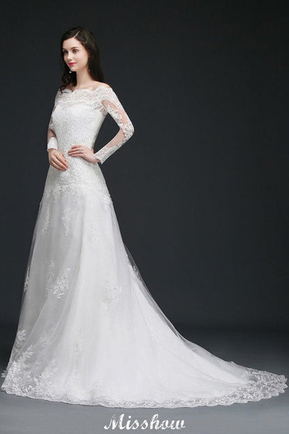 A-line Off-The-Shoulder Tulle Glamorous Wedding Dresses with Lace