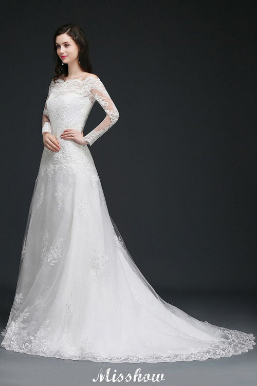 Abito da sposa glamour in tulle a linea ad A con scollo a spalle scoperte e pizzo