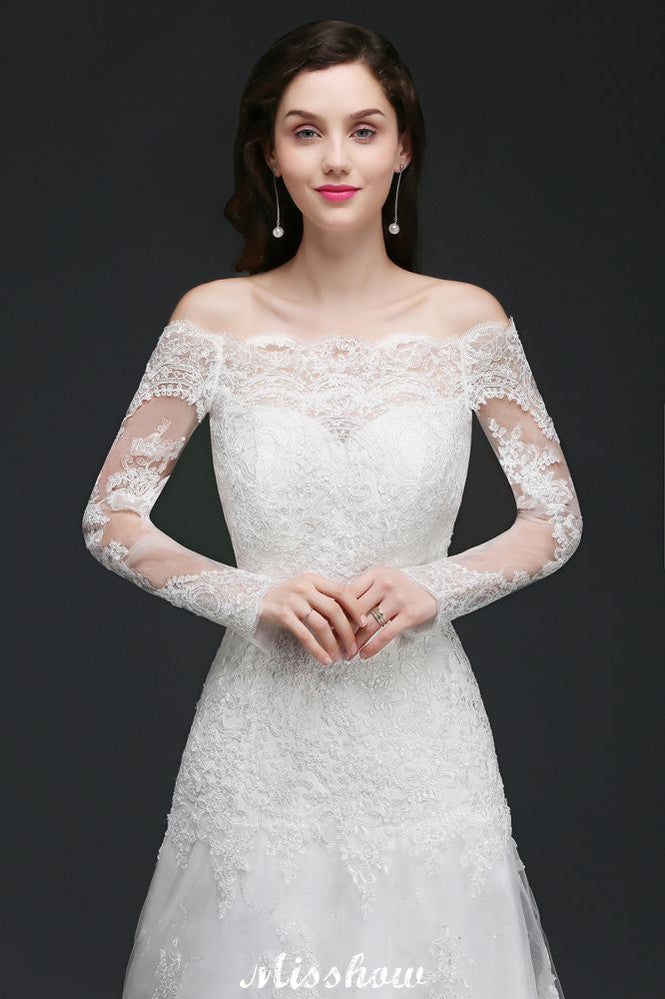 Abito da sposa glamour in tulle a linea ad A con scollo a spalle scoperte e pizzo