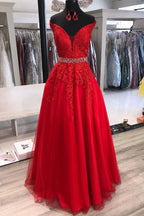 Vestidos de fiesta largos de tul con encaje y hombros descubiertos, corte A y cinturón, vestidos de noche formales rojos