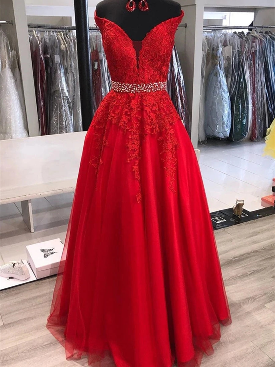 Vestidos de fiesta largos de tul con encaje y hombros descubiertos, corte A y cinturón, vestidos de noche formales rojos