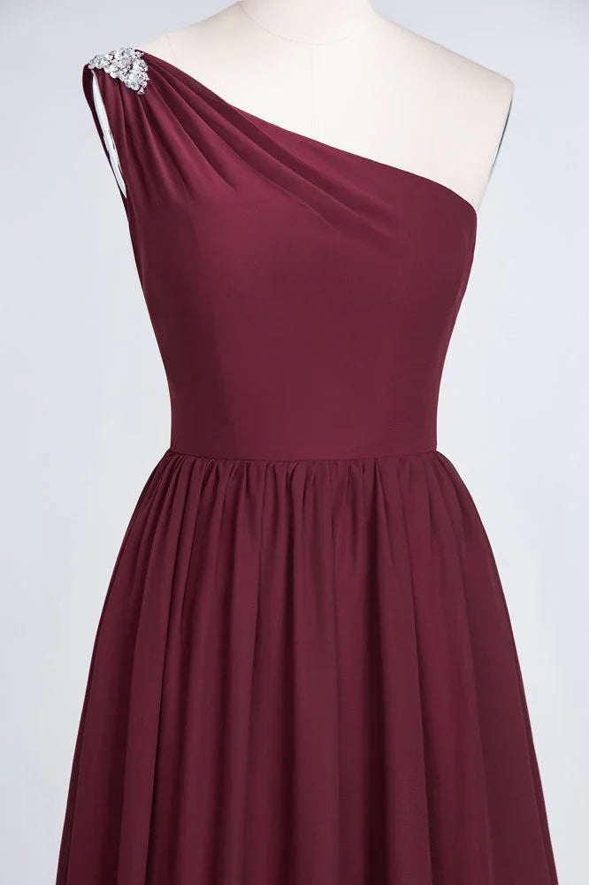 Abito da damigella d'onore a linea A, monospalla, senza maniche, con perline e balze, lungo fino a terra