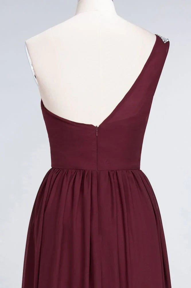 Abito da damigella d'onore a linea A, monospalla, senza maniche, con perline e balze, lungo fino a terra