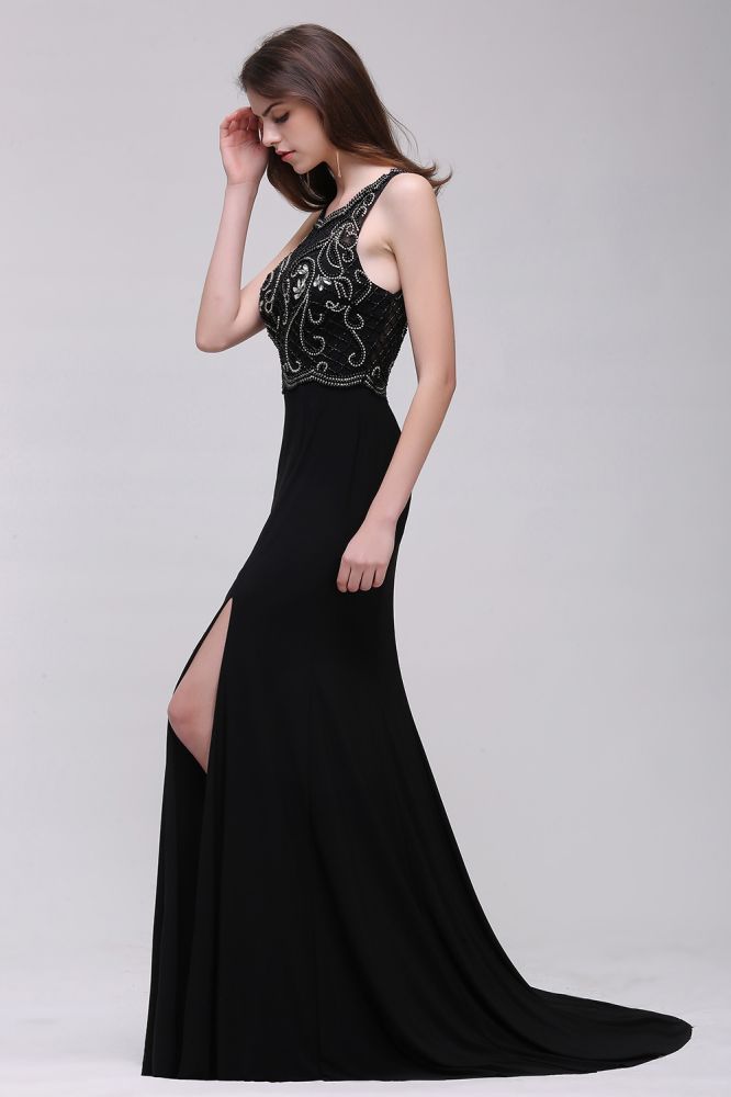 Vestidos de fiesta negros de corte A con tirantes de perlas y cola dulce