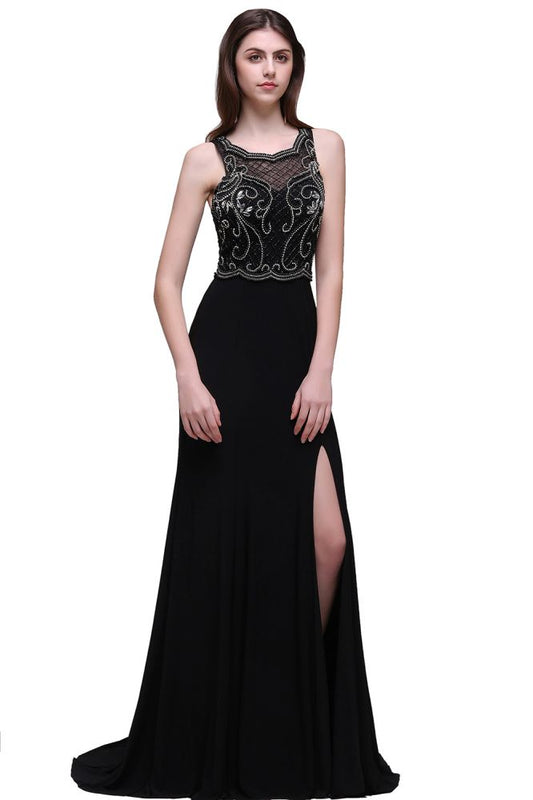 Vestidos de fiesta negros de corte A con tirantes de perlas y cola dulce
