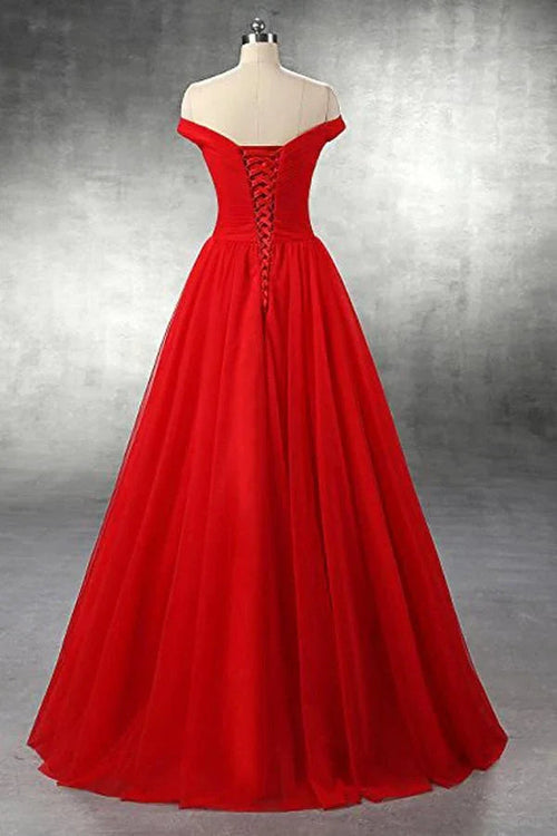 Abito da sera rosso in tulle a linea ad A, lungo fino al pavimento PG247