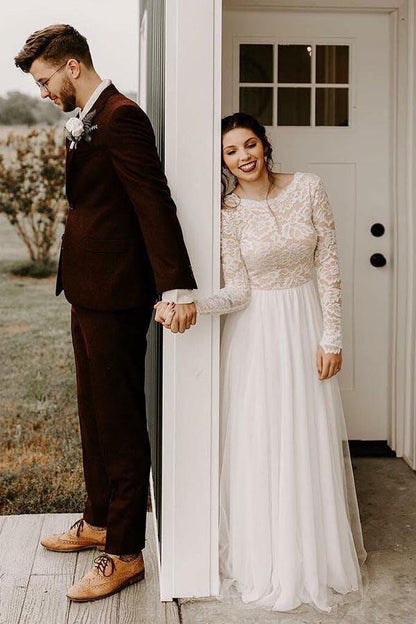 A-Linien-Brautkleid mit Rundhalsausschnitt, rückenfreiem Spitzenoberteil und langen Ärmeln
