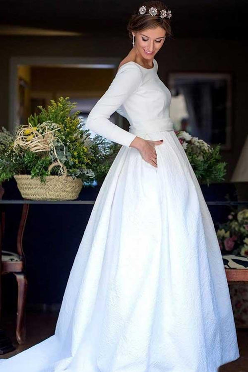 Abito da sposa in raso a linea ad A, scollo rotondo, senza schiena, con maniche