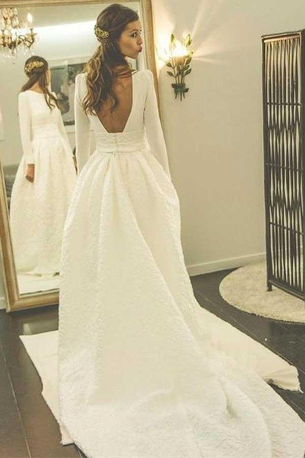 Abito da sposa in raso a linea ad A, scollo rotondo, senza schiena, con maniche