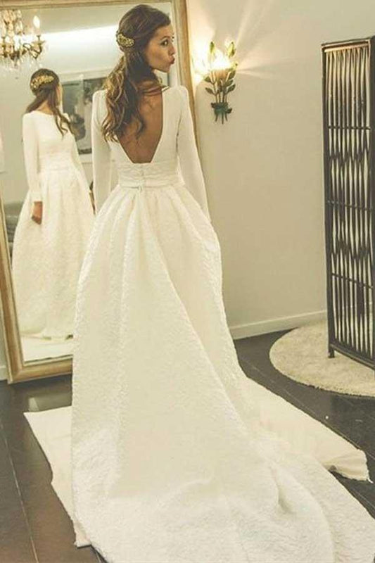 Robe de mariée en satin à col rond et dos nu avec manches WD266