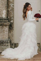 A-Line Round Neck Court Train Tulle Wedding Dress with Long Sleeves