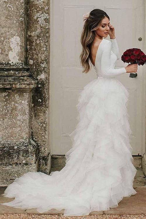 Abito da sposa in tulle con gonna a linea ad A, scollo rotondo, strascico da cerimonia e maniche lunghe