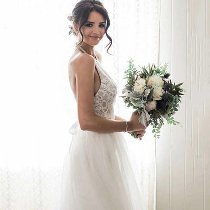 A-Line Round Neck Sweep Train Tulle Wedding Dress with Lace