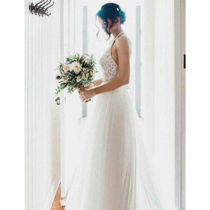 A-Line Round Neck Sweep Train Tulle Wedding Dress with Lace