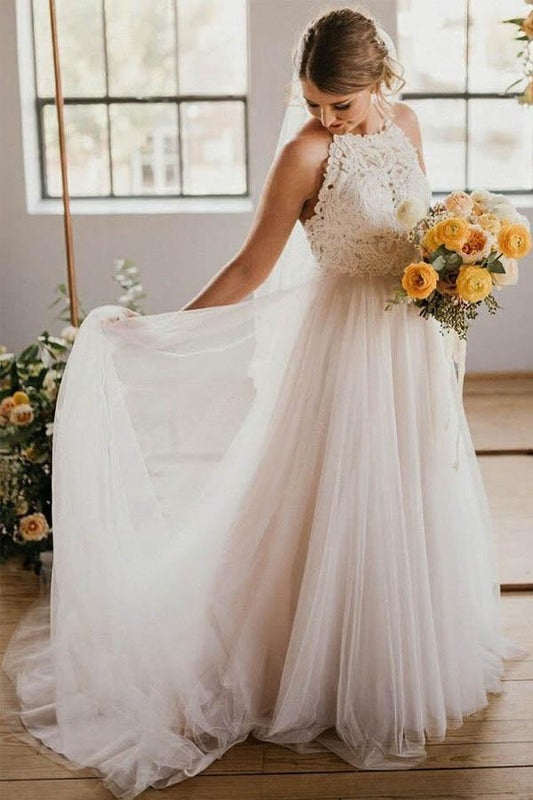 A-Line Round Neck Sweep Train Tulle Wedding Dress with Lace