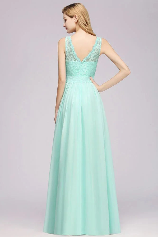 Abito da damigella a linea ad A con balze, pizzo smerlato, senza maniche, lungo fino a terra per festa di nozze