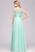 Abito da damigella a linea ad A con balze, pizzo smerlato, senza maniche, lungo fino a terra per festa di nozze